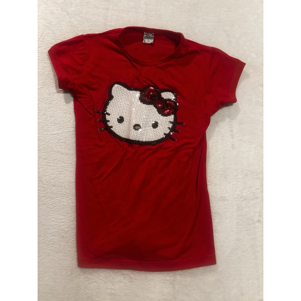 Hello Kitty Red T-Shirt Kid Size 12 Short Sleeve Graphic Print Shaken Girls